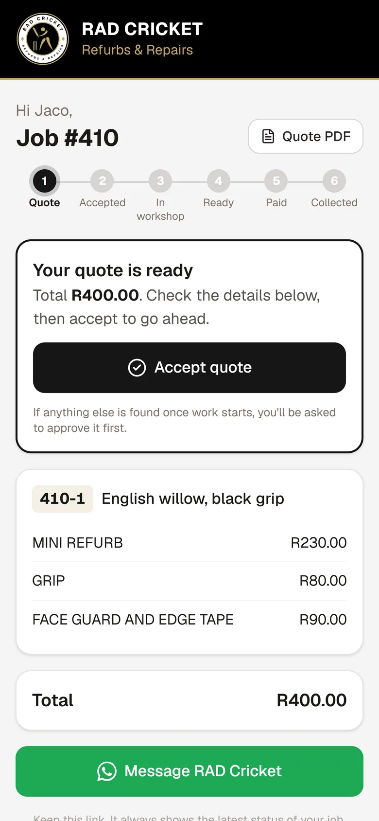 RAD Cricket client page showing a quote ready to accept